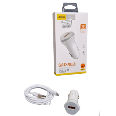 Автомобільний зарядний пристрій Aspor A901 (QC3.0/18W) LED + USB кабель Micro- білий