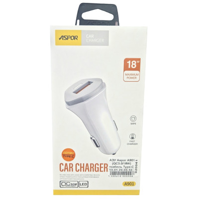 Автомобільний зарядний пристрій Aspor A901 (QC3.0/18W) LED + USB кабель Type-C- білий