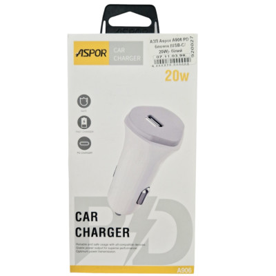 Автомобільний зарядний пристрій Aspor A906 PD блочок (USB-C/20W)- білий