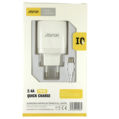 Мережевий зарядний пристрій Aspor A811 IQ /QC (2USB/2.4A) + USB кабель Micro- білий Мережевий зарядний пристрій Aspor A811 IQ /QC (2USB/2.4A) + USB кабель Micro- білий