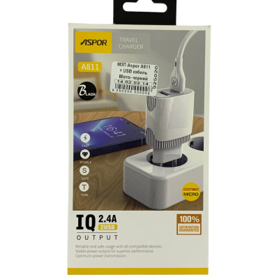 Мережевий зарядний пристрій Aspor A811 IQ /QC (2USB/2.4A) + USB кабель Micro- чорний Мережевий зарядний пристрій Aspor A811 IQ /QC (2USB/2.4A) + USB кабель Micro- чорний