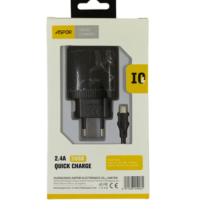 Мережевий зарядний пристрій Aspor A811 IQ /QC (2USB/2.4A) + USB кабель Micro- чорний Мережевий зарядний пристрій Aspor A811 IQ /QC (2USB/2.4A) + USB кабель Micro- чорний