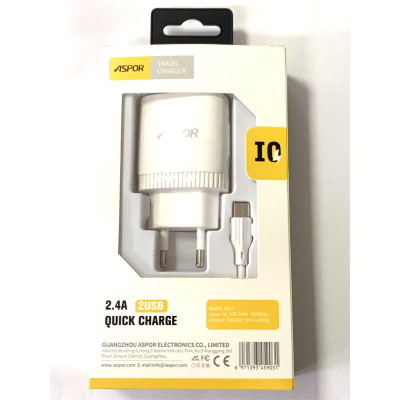 Мережевий зарядний пристрій Aspor A811 IQ /QC (2USB/2.4A) + USB кабель Type-C- білий Мережевий зарядний пристрій Aspor A811 IQ /QC (2USB/2.4A) + USB кабель Type-C- білий