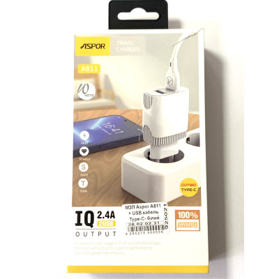 Мережевий зарядний пристрій Aspor A811 IQ /QC (2USB/2.4A) + USB кабель Type-C- білий Мережевий зарядний пристрій Aspor A811 IQ /QC (2USB/2.4A) + USB кабель Type-C- білий