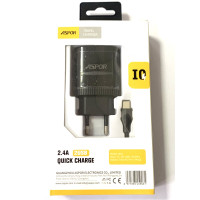 Мережевий зарядний пристрій Aspor A811 IQ /QC (2USB/2.4A) + USB кабель Type-C- чорний