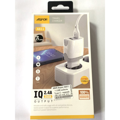 Мережевий зарядний пристрій Aspor A811 IQ /QC (2USB/2.4A) + USB кабель Type-C- чорний Мережевий зарядний пристрій Aspor A811 IQ /QC (2USB/2.4A) + USB кабель Type-C- чорний