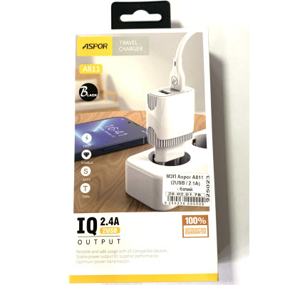 Мережевий зарядний пристрій Aspor A811 IQ /QC (2USB/2.4A)- білий Мережевий зарядний пристрій Aspor A811 IQ /QC (2USB/2.4A)- білий