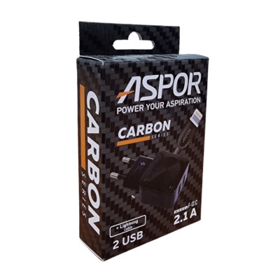 Мережевий зарядний пристрій Aspor F13C Carbon Series 2.1A/2USB + USB кабель Lightning- чорний Мережевий зарядний пристрій Aspor F13C Carbon Series 2.1A/2USB + USB кабель Lightning- чорний