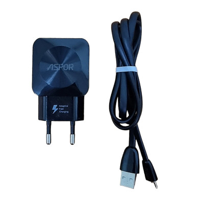 Мережевий зарядний пристрій Aspor F13C Carbon Series 2.1A/2USB + USB кабель Micro- чорний Мережевий зарядний пристрій Aspor F13C Carbon Series 2.1A/2USB + USB кабель Micro- чорний