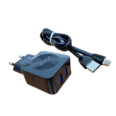 Мережевий зарядний пристрій Aspor F13C Carbon Series 2.1A/2USB + USB кабель Micro- чорний Мережевий зарядний пристрій Aspor F13C Carbon Series 2.1A/2USB + USB кабель Micro- чорний