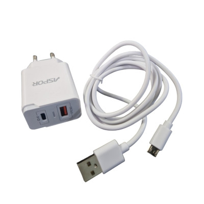 Мережевий зарядний пристрій Aspor A826 PD 20W + QC Fast Charger + USB кабель Micro- білий Мережевий зарядний пристрій Aspor A826 PD 20W + QC Fast Charger + USB кабель Micro- білий
