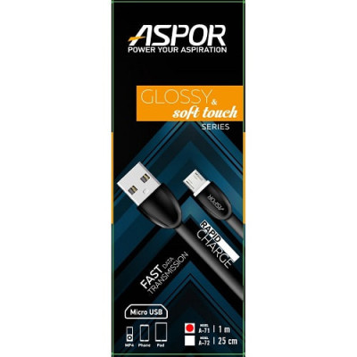 USB кабель Aspor A71 глянсовий Micro (2A/1.2м)- чорний USB кабель Aspor A71 глянсовий Micro (2A/1.2м)- чорний