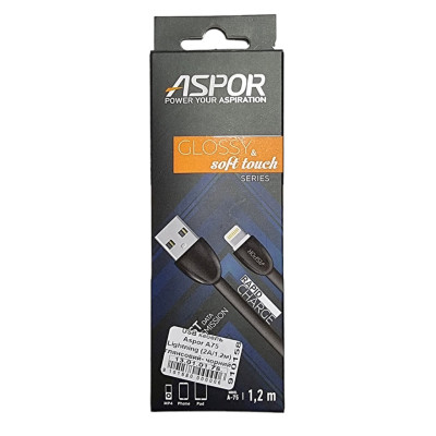 USB кабель Aspor A75 глянсовий Lightning (2A/1.2м)- чорний USB кабель Aspor A75 глянсовий Lightning (2A/1.2м)- чорний