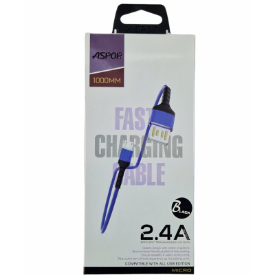 USB кабель Aspor A178 Micro LED Nylon 2.4A/1м- чорний
