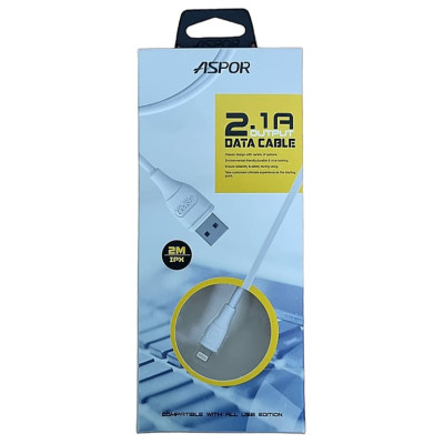 USB кабель Aspor AC-02 Plus Lightning 2.1A/2м- білий