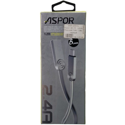 USB кабель Aspor AC-15 Micro Плоский 2.4A/1.2м- чорний