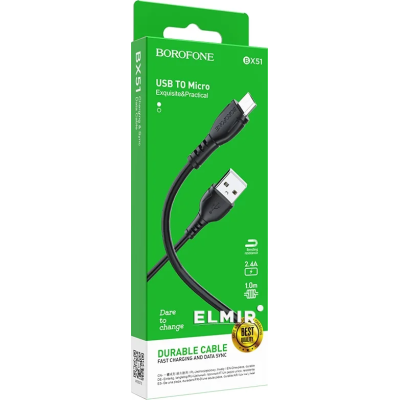 USB кабель Borofone BX51 Triumph Micro USB 2.4A (1m)- чорний USB кабель Borofone BX51 Triumph Micro USB 2.4A (1m)- чорний