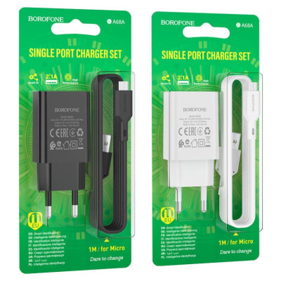 Мережевий зарядний пристрій BOROFONE BA68A (1USB/2.1A) + USB кабель Micro- білий Мережевий зарядний пристрій BOROFONE BA68A (1USB/2.1A) + USB кабель Micro- білий