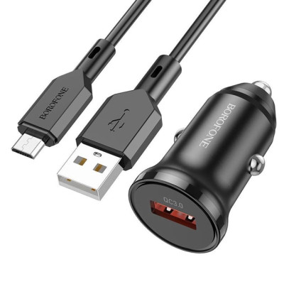 Автомобільний зарядний пристрій BOROFONE BZ18 (1USB/QC3.0) 18W + USB кабель Micro- чорний