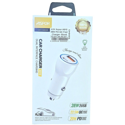 Автомобільний зарядний пристрій Aspor A910 38W (USB-A+ASB-C) PD+QC Fast Charger- білий