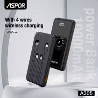 Power Bank Aspor A305 Wireless Charger 10000mAh (QC4.0+PD) 22.5W+ cable USB/Micro/Lightning/Type-C- чорний Power Bank Aspor A305 Wireless Charger 10000mAh (QC4.0+PD) 22.5W+ cable USB/Micro/Lightning/Type-C- чорний