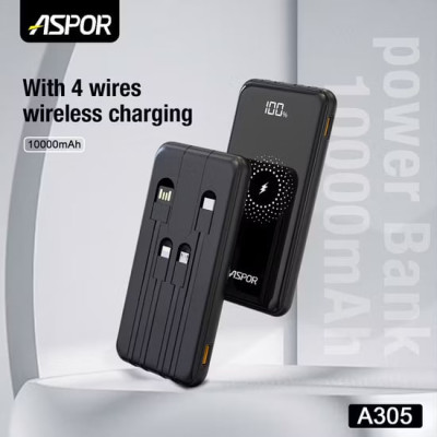 Power Bank Aspor A305 Wireless Charger 10000mAh (QC4.0+PD) 22.5W+ cable USB/Micro/Lightning/Type-C- чорний