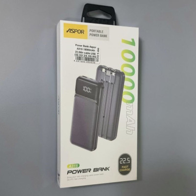 Power Bank Aspor A315 Fast Charge 10000mAh 22.5W+ cable USB/Micro/Lightning/Type-C- чорний Power Bank Aspor A315 Fast Charge 10000mAh 22.5W+ cable USB/Micro/Lightning/Type-C- чорний