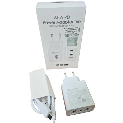 Мережевий зарядний пристрій Samsung (EP-TA800NBE) 65W PD (2 USB-C+USB-A) + кабель Type-C to Type-C- білий