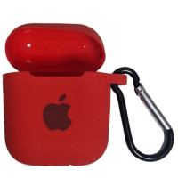 Чохол Silicone Case для AirPods 1/2 з яблуком, з карабіном- червоний
