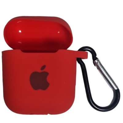 Чохол Silicone Case для AirPods 1/2 з яблуком, з карабіном- червоний