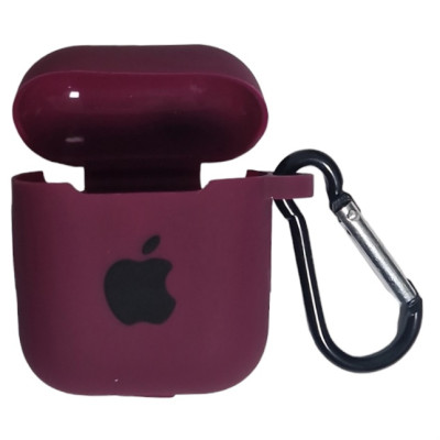 Чохол Silicone Case для AirPods 1/2 з яблуком, з карабіном- марсала