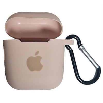 Чохол Silicone Case для AirPods 1/2 з яблуком, з карабіном- рожевий пісок
