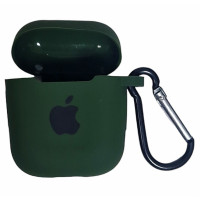 Чохол Silicone Case для AirPods 1/2 з яблуком, з карабіном- темно-зелений