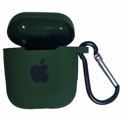 Чохол Silicone Case для AirPods 1/2 з яблуком, з карабіном- темно-зелений