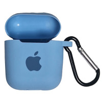 Чохол Silicone Case для AirPods 1/2 з яблуком, з карабіном- блакитний