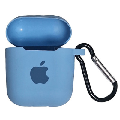 Чохол Silicone Case для AirPods 1/2 з яблуком, з карабіном- блакитний