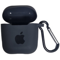 Чохол Silicone Case для AirPods 1/2 з яблуком, з карабіном- темно-сірий