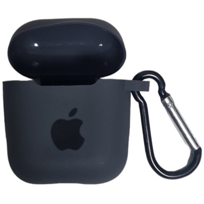 Чохол Silicone Case для AirPods 1/2 з яблуком, з карабіном- темно-сірий