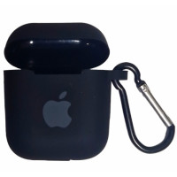 Чохол Silicone Case для AirPods 1/2 з яблуком, з карабіном- чорний