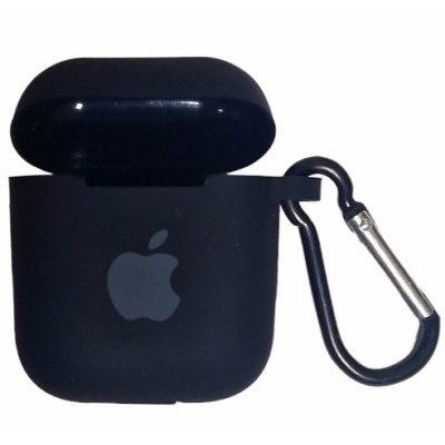 Чохол Silicone Case для AirPods 1/2 з яблуком, з карабіном- чорний