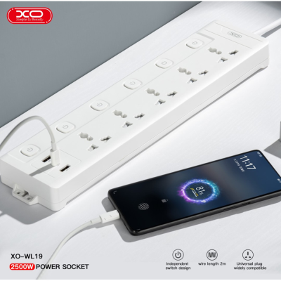 Мережевий подовжувач XO WL19 на 5 розеток+2USB+Type-C 10A/250V (2m)- білий