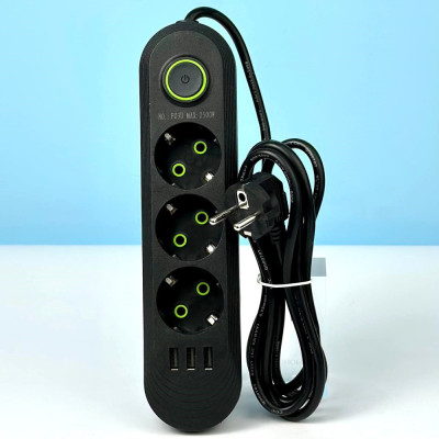 Мережевий подовжувач UA Power F03U на 3 розетки + 3USB (2м)- чорний Мережевий подовжувач UA Power F03U на 3 розетки + 3USB (2м)- чорний