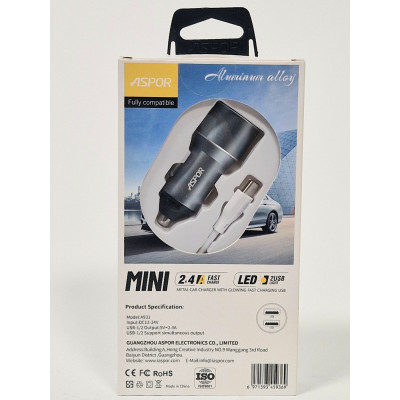 Автомобільний зарядний пристрій Aspor A931 Metal Fast Charge (2USB / 2.4A) + USB кабель Type-C- сірий