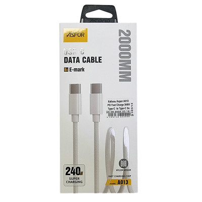 USB-C кабель Aspor A013 PD Fast Charge Type-C to Type-C 240W 2м- білий USB-C кабель Aspor A013 PD Fast Charge Type-C to Type-C 240W 2м- білий