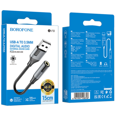Зовнішня звукова карта Borofone BV19 USB to 3.5mm 15см- чорний