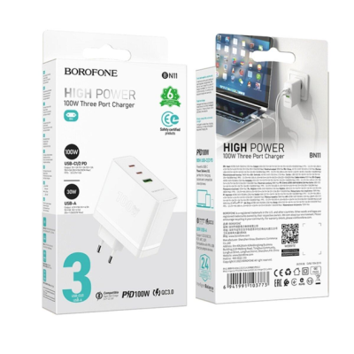 Мережевий зарядний пристрій Borofone BN11 Imperial PD100W GaN (2USB-C+USB-A)- білий