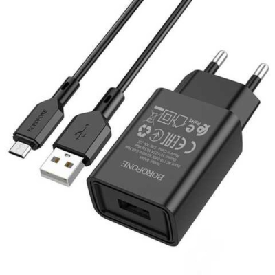 Мережевий зарядний пристрій BOROFONE BA68A (1USB/2.1A) + USB кабель Micro- чорний Мережевий зарядний пристрій BOROFONE BA68A (1USB/2.1A) + USB кабель Micro- чорний