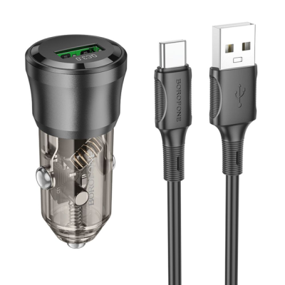 Автомобільний зарядний пристрій Borofone BZ23 18W QC3.0 (1USB) transparent + кабель Type-C- чорний