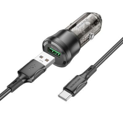 Автомобільний зарядний пристрій Borofone BZ23 18W QC3.0 (1USB) transparent + кабель Type-C- чорний