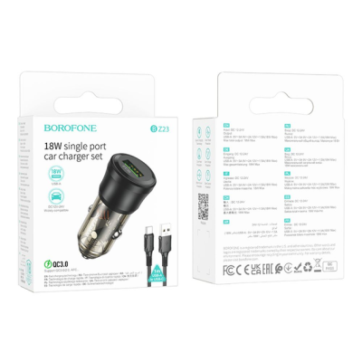 Автомобільний зарядний пристрій Borofone BZ23 18W QC3.0 (1USB) transparent + кабель Type-C- чорний